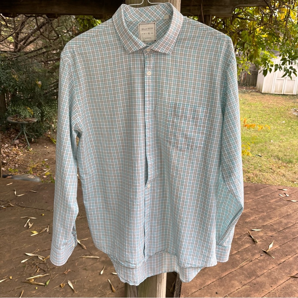 Billy Reid L/S Shirt Light Green Check Sz XL Standard Cut Cotton
